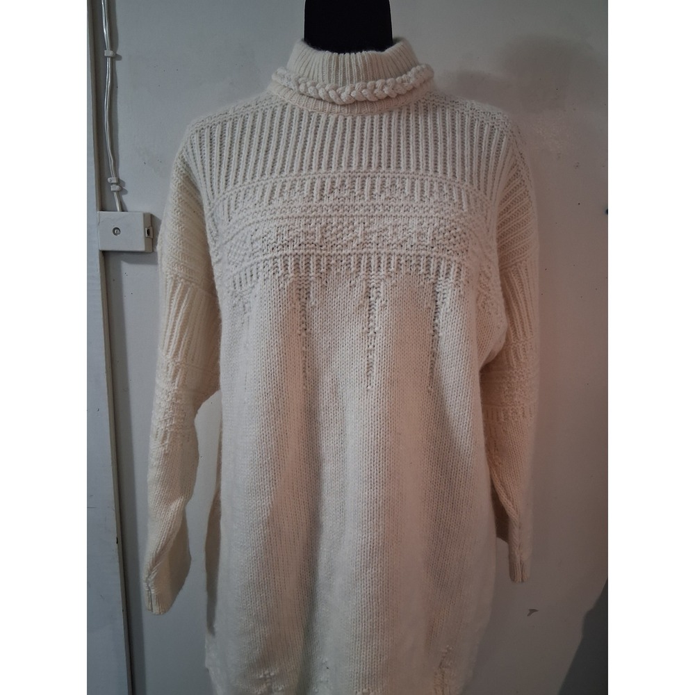 Snowy Peak New Zealand Wool Mock Neck Braided Knit Sweater Cream White Womens L